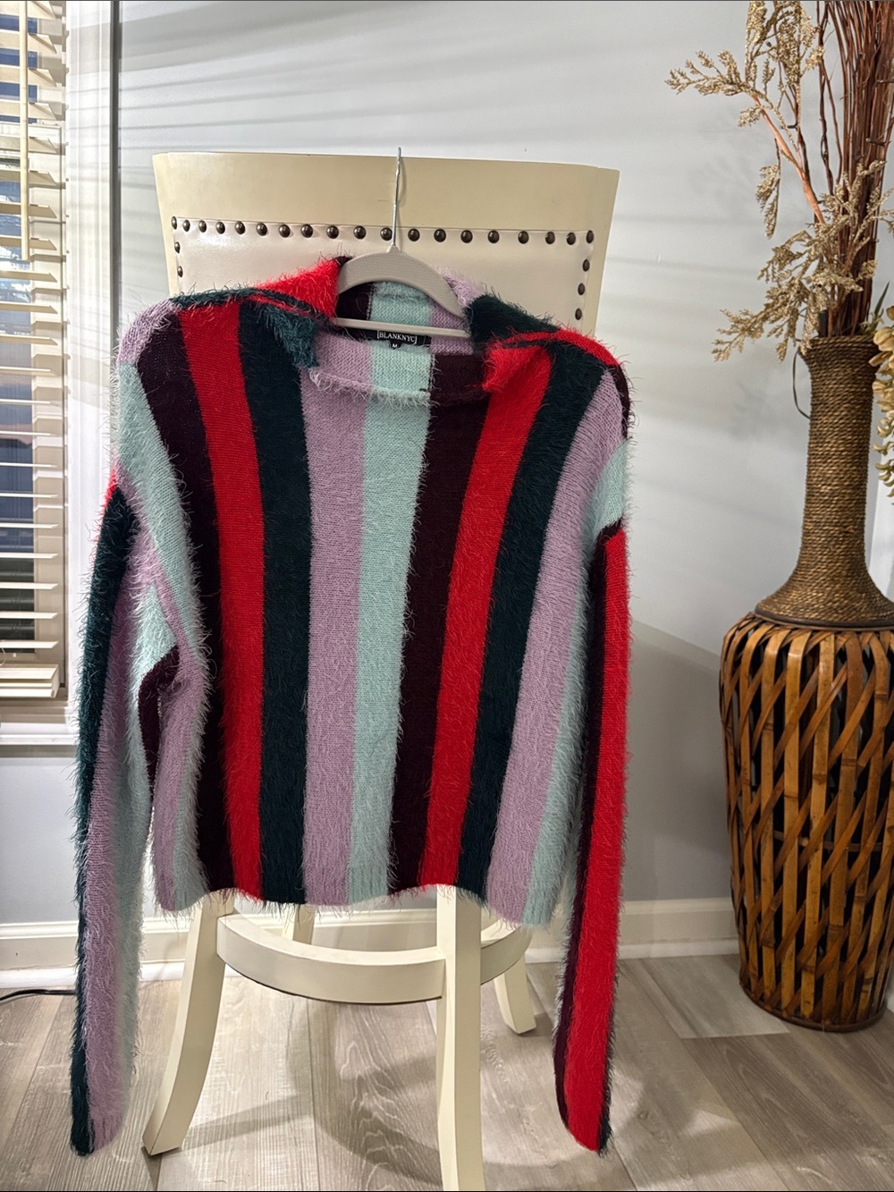Blank NYC Striped Fuzzy Turtleneck Sweater - Red, Mint, Lavender, Dark Green